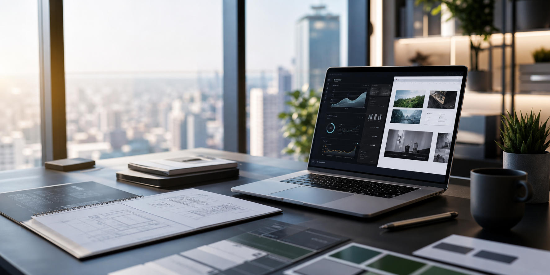 Modern desk with a laptop showing digital dashboards and web layouts